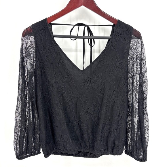 Alice + Olivia Tops - Alice + Olivia Womens Lace Long Sleeves Cropped Blouse Black Tie Back Size Small